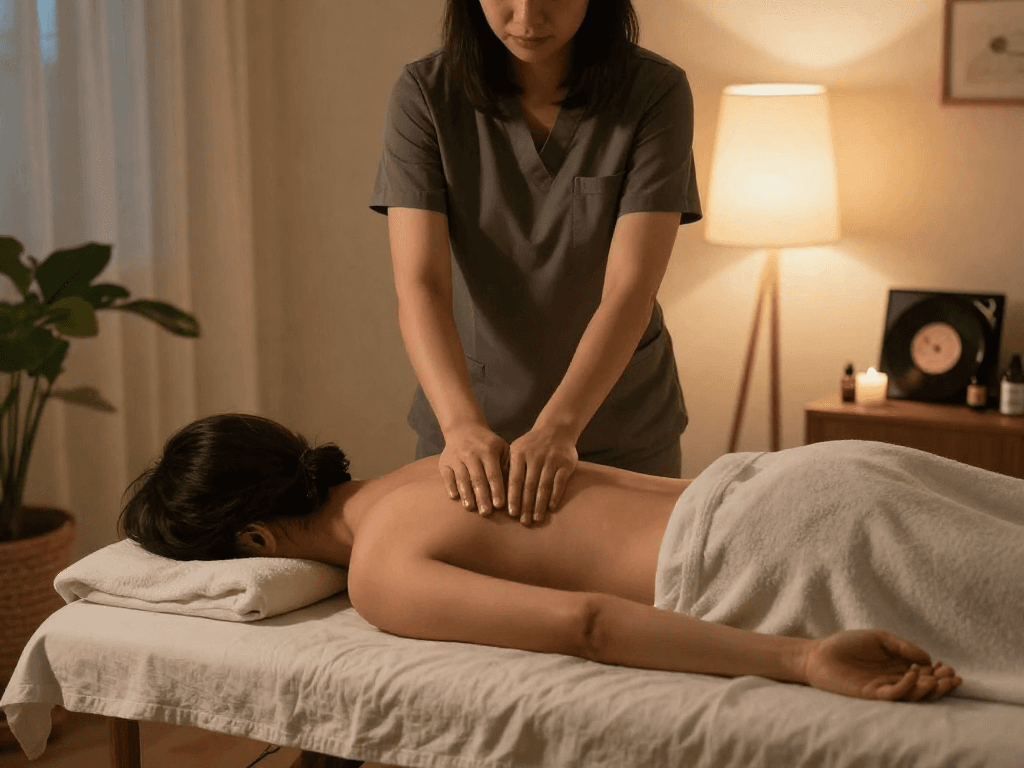 Relaxing 동작구출장안마 service in a serene home setting with ambient lighting and essential oils.