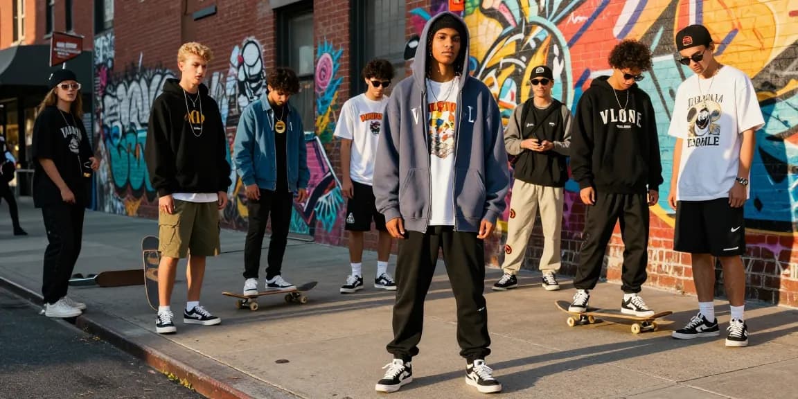 Stylish individual wearing a vlone hoodie in an urban street fashion scene