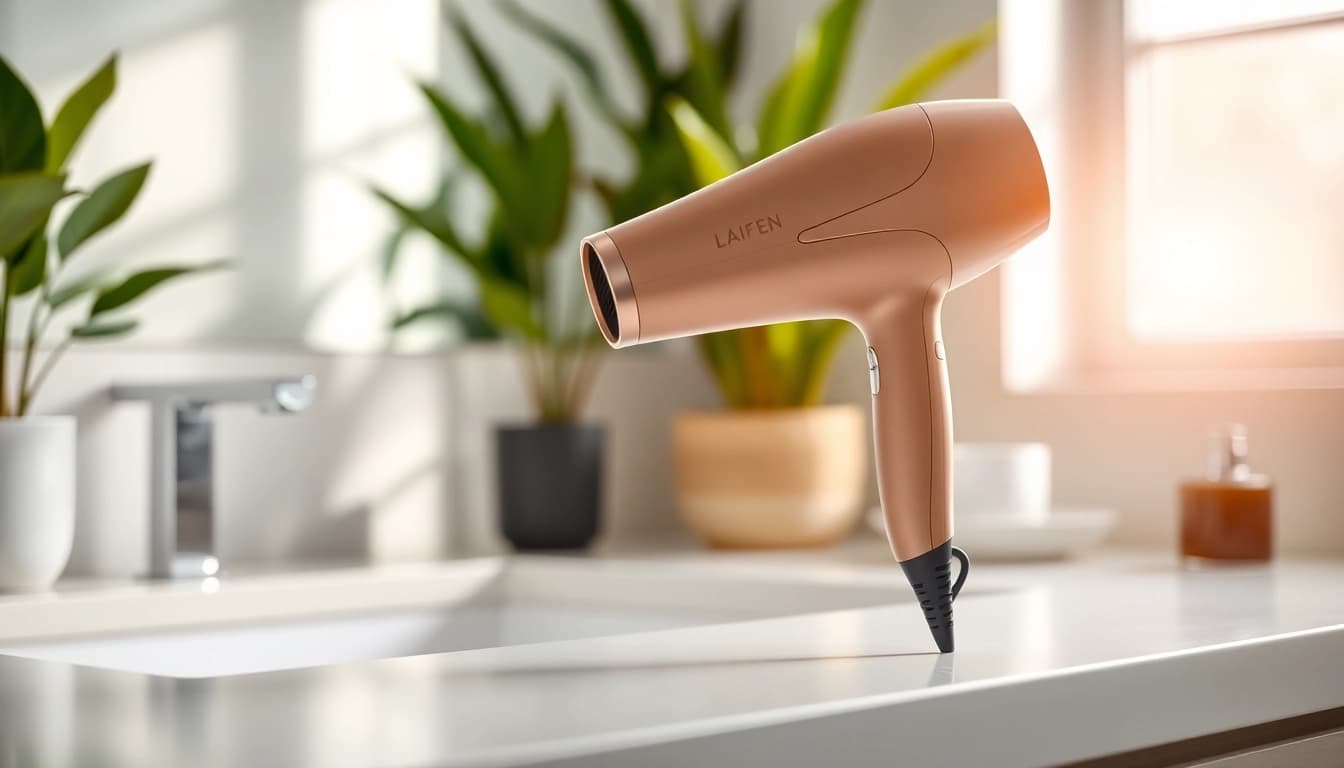 Laifen hair dryer showcased on a modern counter with stylish decor and natural lighting.