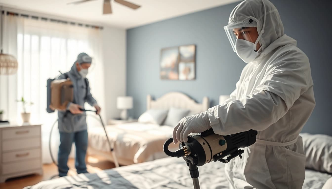 Bed bug exterminators thoroughly inspecting a residential room for infestations.