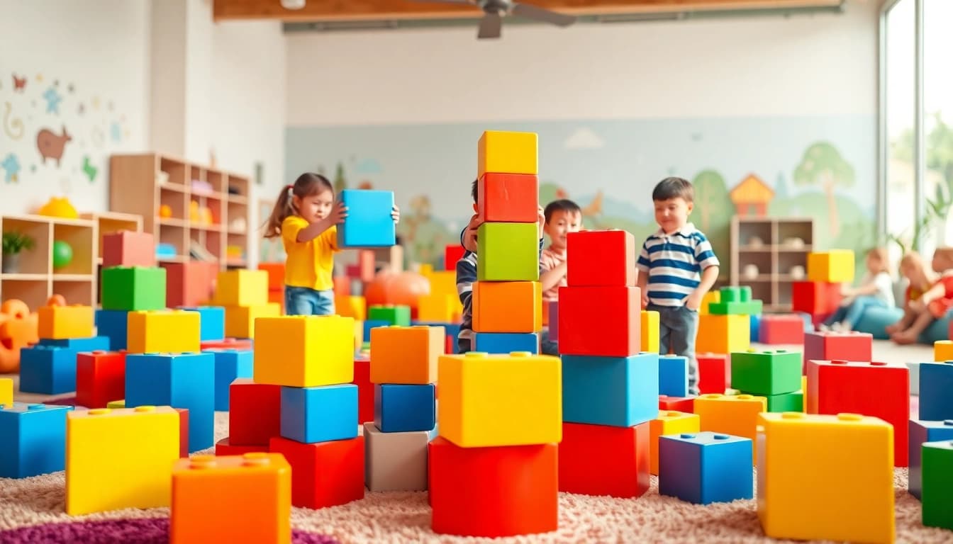 Children building with giant blocks, creating epic adventures with additional information on imaginative play.