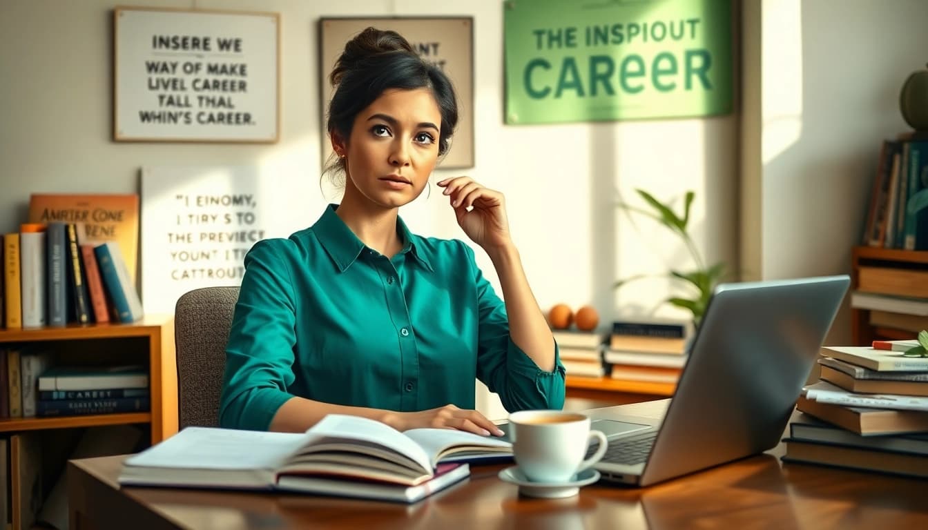 Visualizing the Ideal Career through a woman thoughtfully exploring her career options in an inviting office.