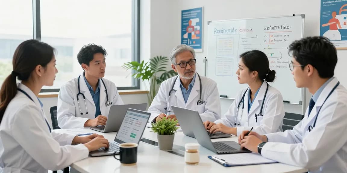 Healthcare professionals collaborating on top retatrutide suppliers in a modern office.