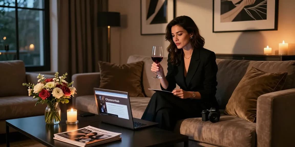 Relaxed woman browsing Cityescorthub website on laptop in elegant lounge with red wine.
