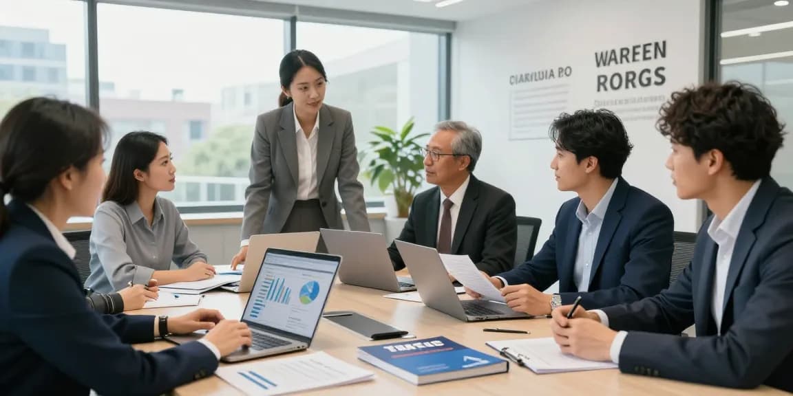 Professional team collaborating on corporate tax return filing in a modern office setting.