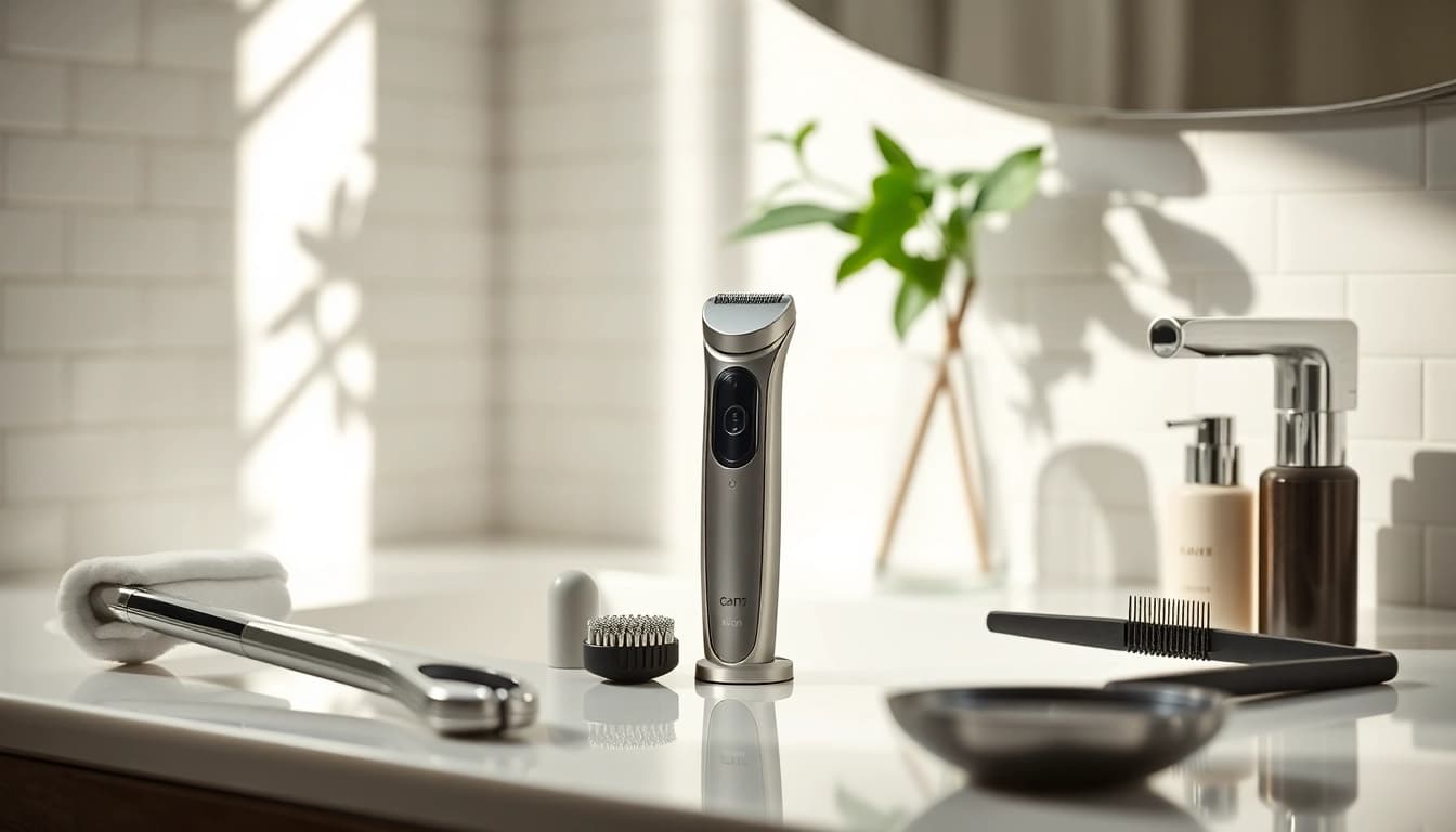 Mini electric shaver on a vanity, showcasing its sleek design and grooming elegance.