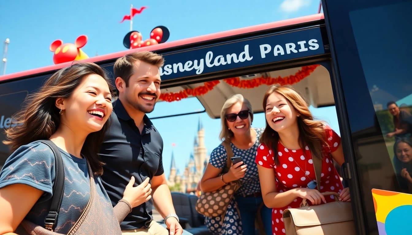 Family enjoying seamless disneyland paris transfers boarding a shuttle bus excitedly.