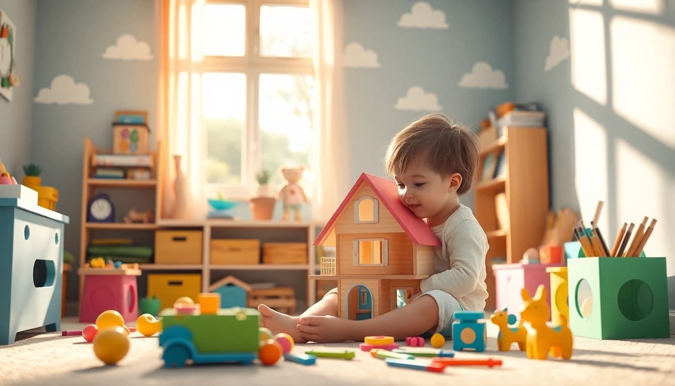 Child participating in Play Therapy session with colorful toys in a warm environment.