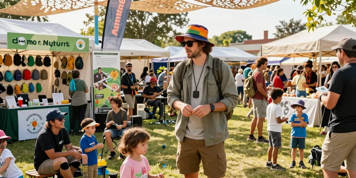 Community adventure festival scene showcasing mantra88, with families enjoying activities and eco-friendly travel tips.