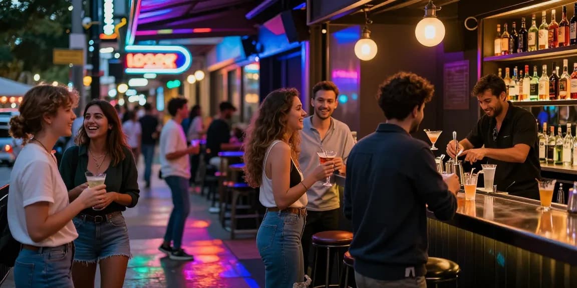 Club21ids nightlife scene showcasing friends socializing outside a club, vibrant urban atmosphere with neon lights.