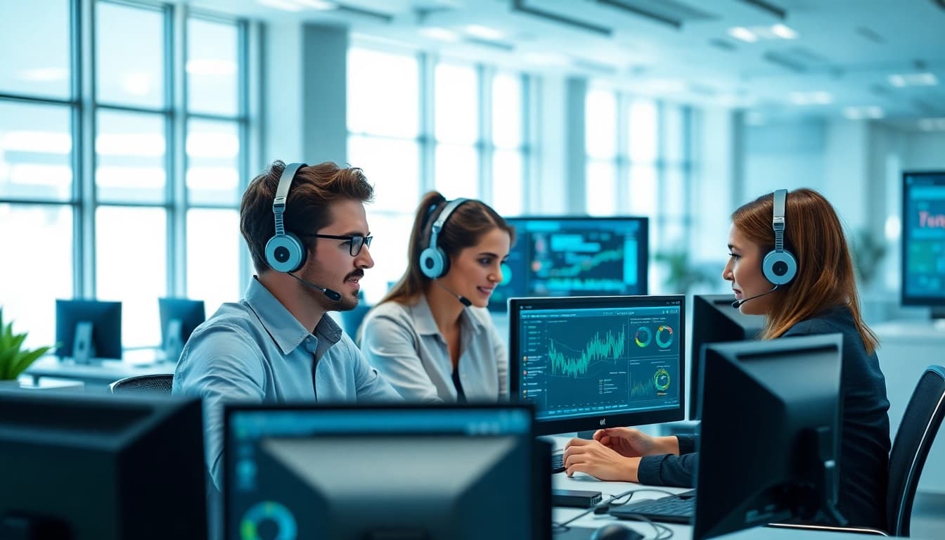 Providing business it support through teamwork in a modern office.
