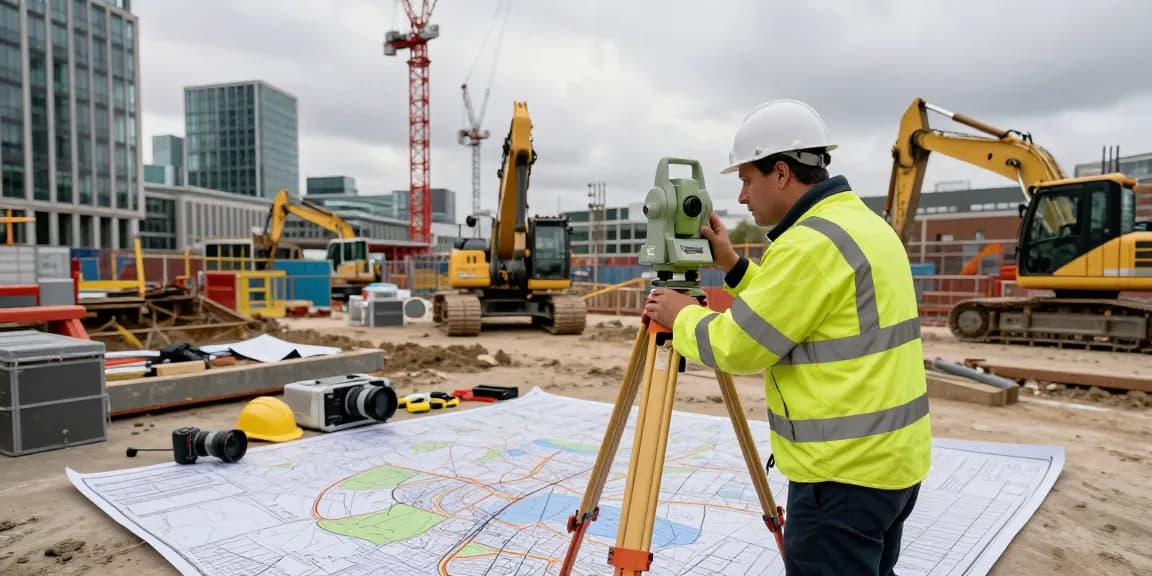 Surveyor conducting topographical surveys london on a construction site, showcasing advanced equipment and urban backdrop.