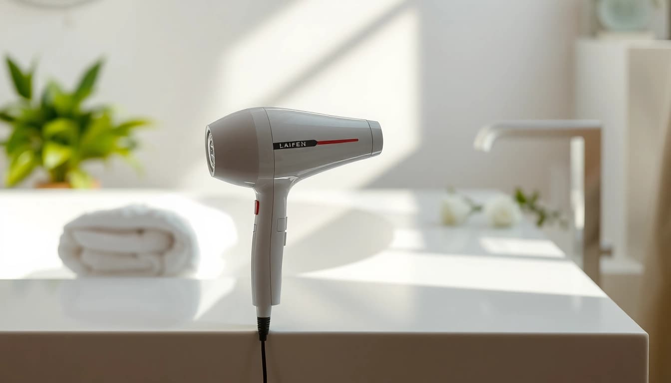 Stylish Laifen SE hair dryer elegantly displayed in a modern bathroom setting.
