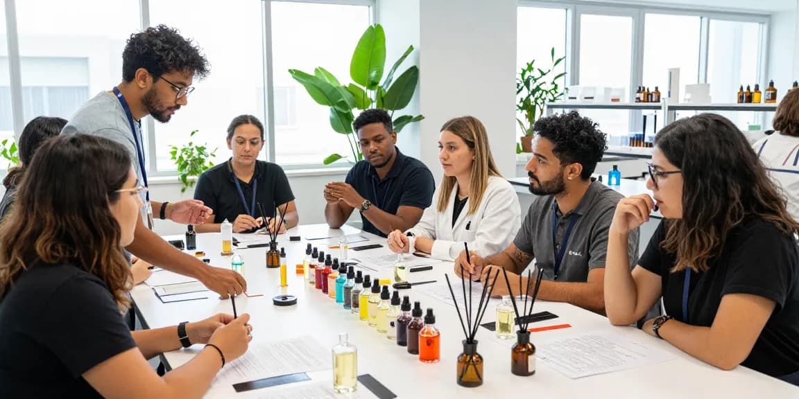 Fragrance Beads Manufacturer team collaborating in vibrant lab, designing innovative scents and solutions.