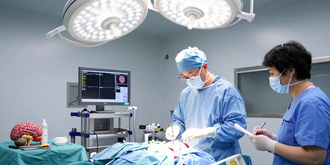 Beyin ameliyatı in a modern surgical setting with a neurosurgeon and nurse preparing for surgery.