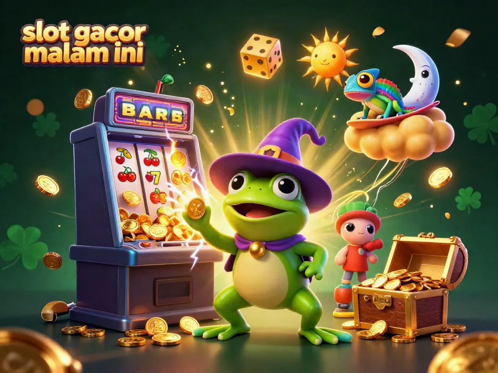 Ilustrasi 3D dengan tema "slot gacor malam ini", menampilkan kegembiraan jackpot dan koin emas.