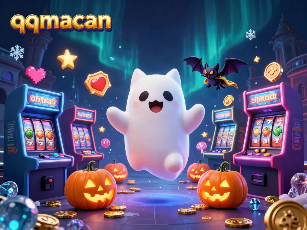 Play games at qqmacan as a ghost cat interacts with slot machines in a haunted mansion.