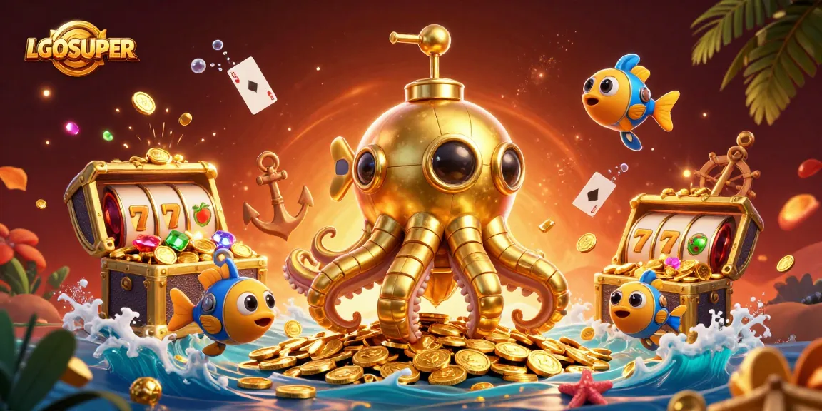 Experience thrilling slots with LGOSUPER, featuring vibrant slot reels and treasure-filled underwater scenes.