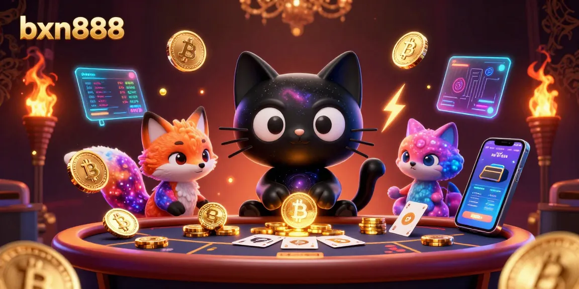 Engage with bxn888's cosmic casino scene, showcasing colorful characters and vibrant crypto elements.