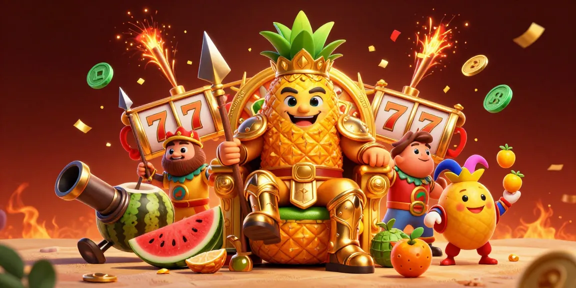 uk88z casino scene featuring a golden pineapple king, coconuts, and slot reels for excitement.