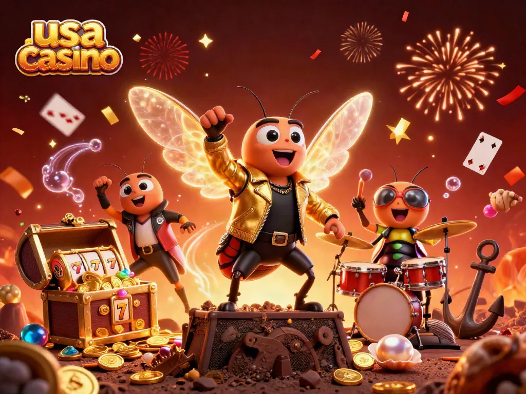 Experience the thrill at usa casino with a dynamic 3D illustration of rockstar characters and slot elements.