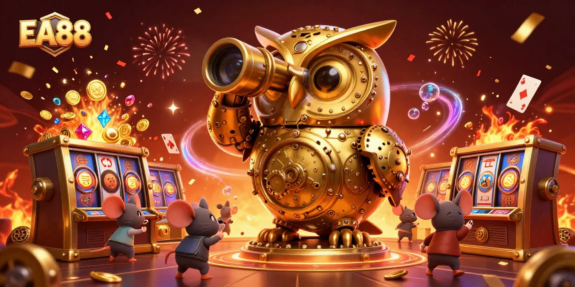 Experience the excitement of EA88 with a golden owl overseeing jackpot slots and animated gaming elements.