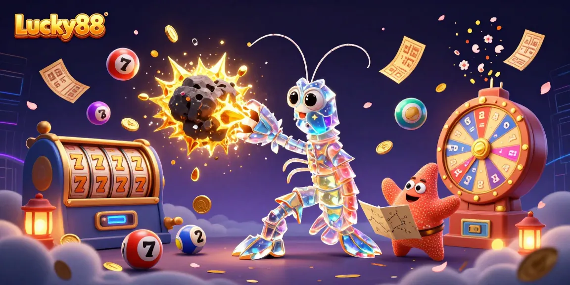 Engage with Lucky88 in a vibrant scene of galactic characters amidst a wealth of slot game treasures.