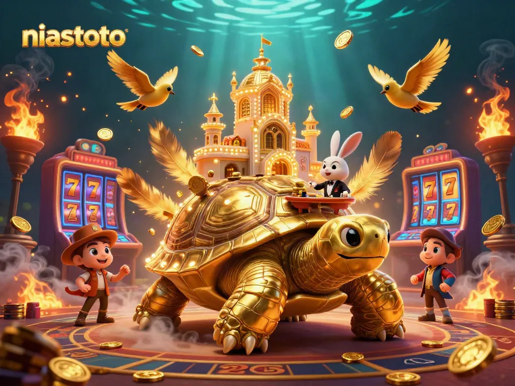 Experience thrilling niastoto gaming with a vibrant 3D illustration of a golden tortoise casino.
