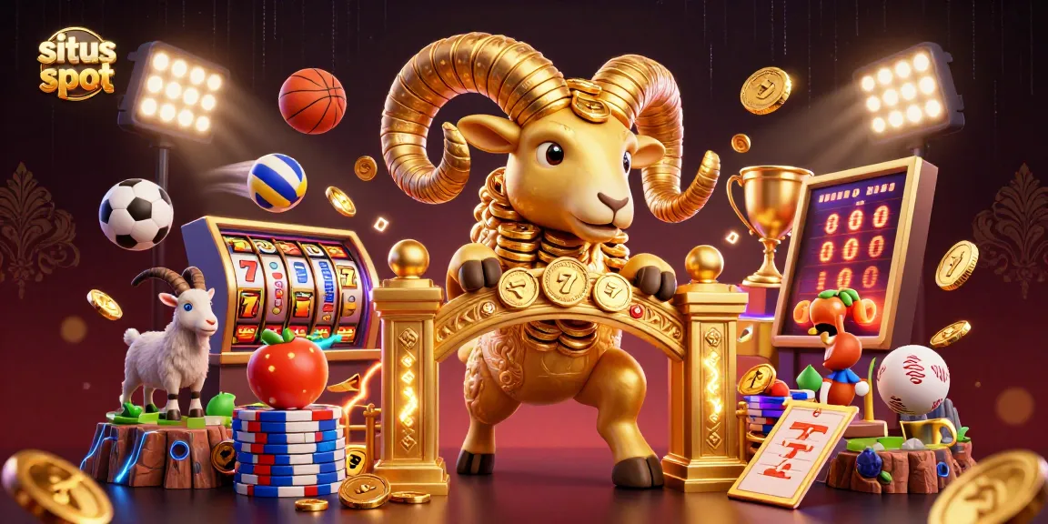 Menghadirkan situs slot, ilustrasi 3D kartu dengan domba emas mengerikan dan simbol menarik jackpot dalam suasana kasino yang cerah.