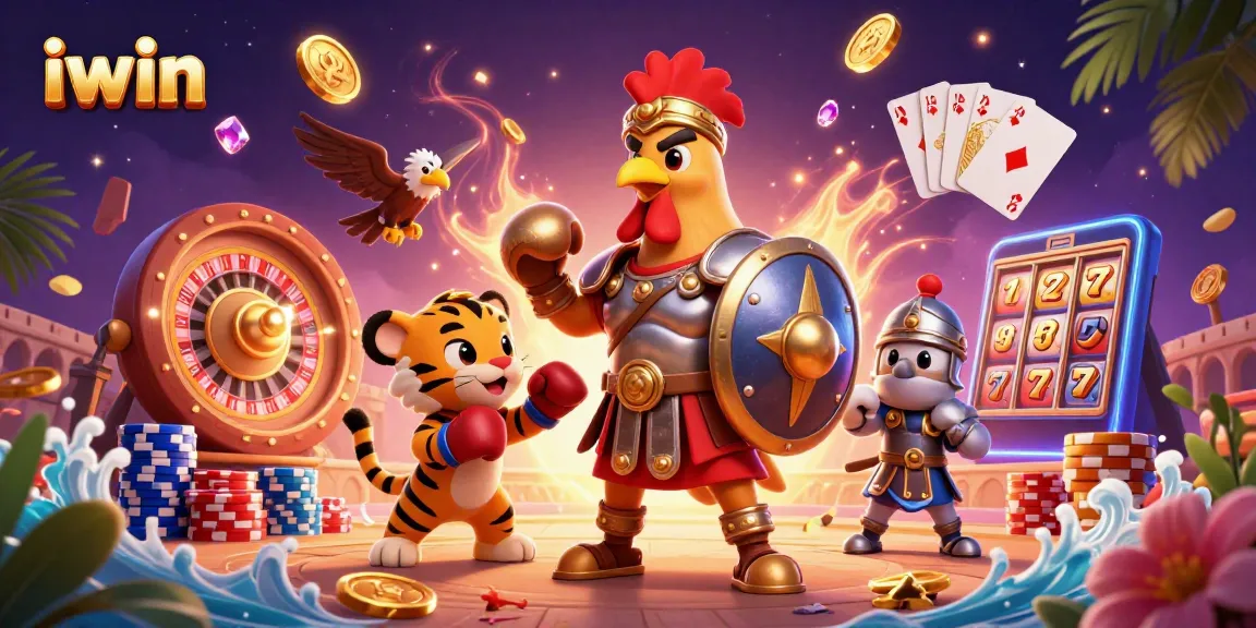 Engage in exciting iwin gaming action with a gladiator rooster and sparring tiger cub in a vibrant casino scene.