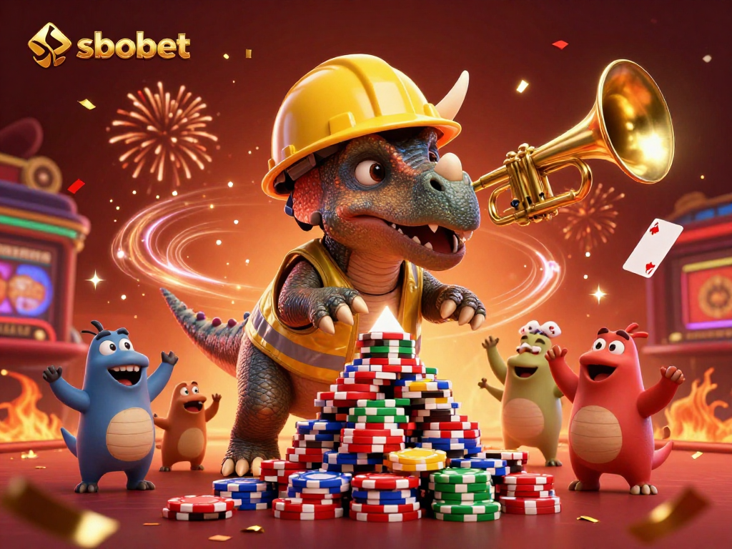 Engage with sbobet betting through fun illustrations featuring a triceratops and casino elements.