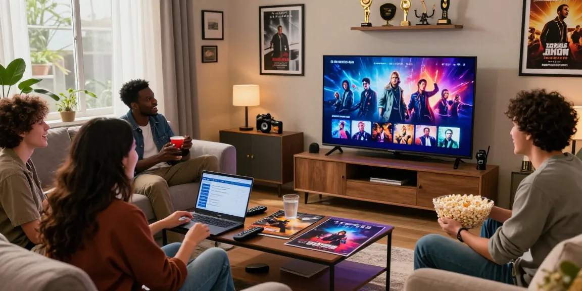 Friends enjoying the latest movies 4u in a cozy living room setting with ambient lighting.