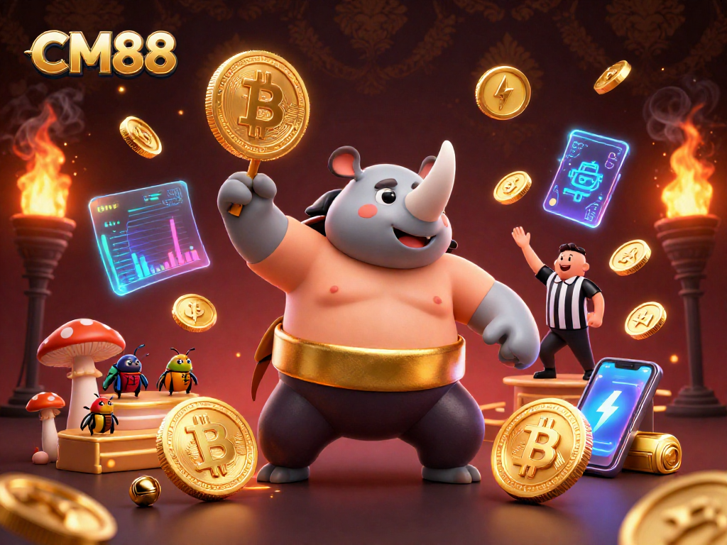 CM88 features a sumo champion beetle amidst flying coins and vibrant crypto elements, showcasing dynamic gambling energy.