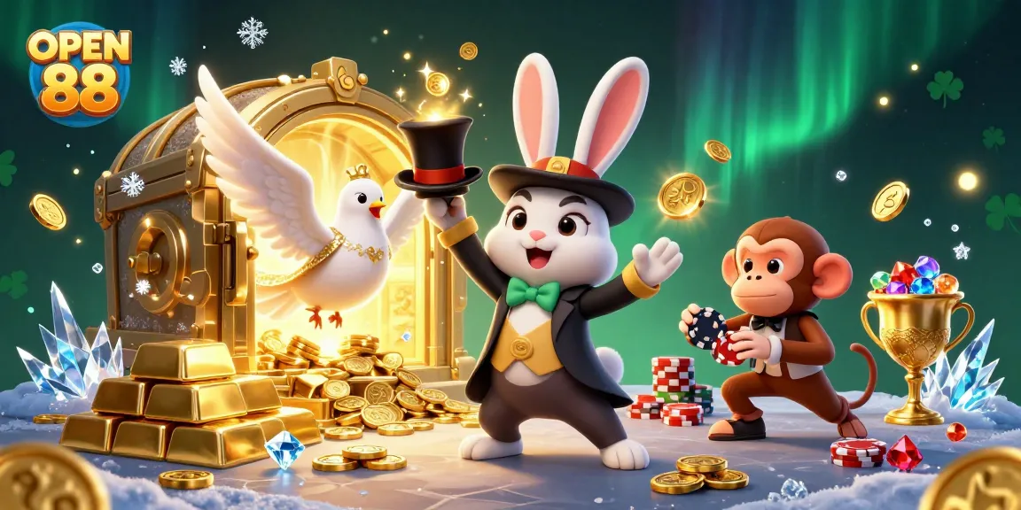 Try your luck at OPEN 88 with a vibrant scene depicting a magician rabbit and colorful casino elements.