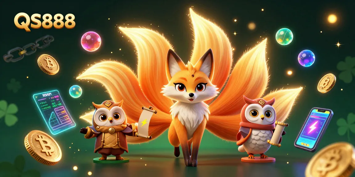 Experience captivating gameplay at QS888 with a vivid scene of a nine-tailed fox and crypto elements.