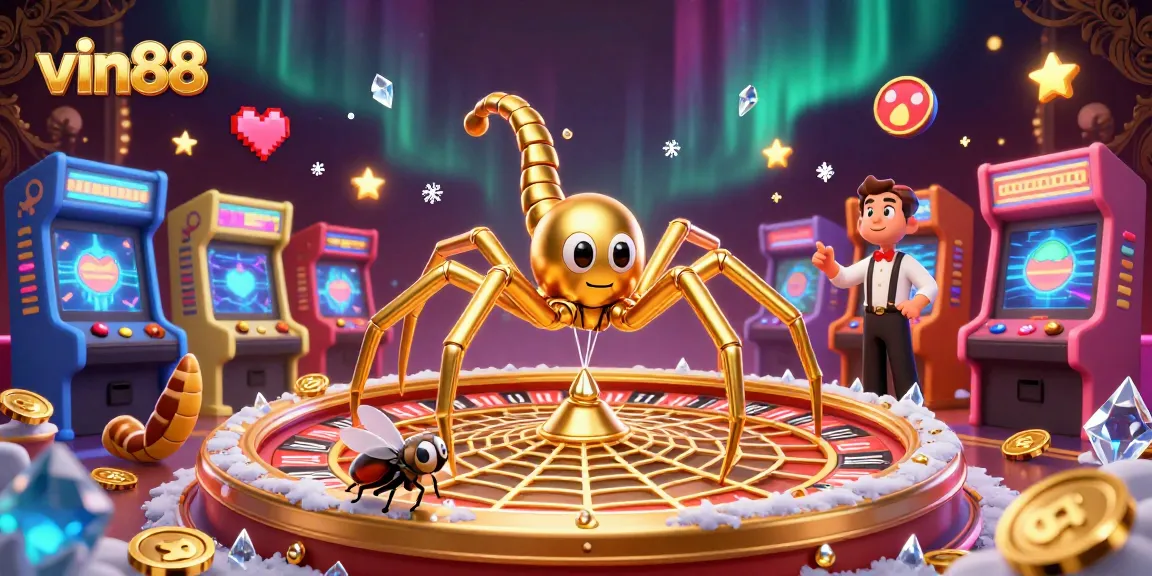 vin88 showcases a lively casino scene with a spider and fly betting at a roulette wheel, filled with gaming elements.