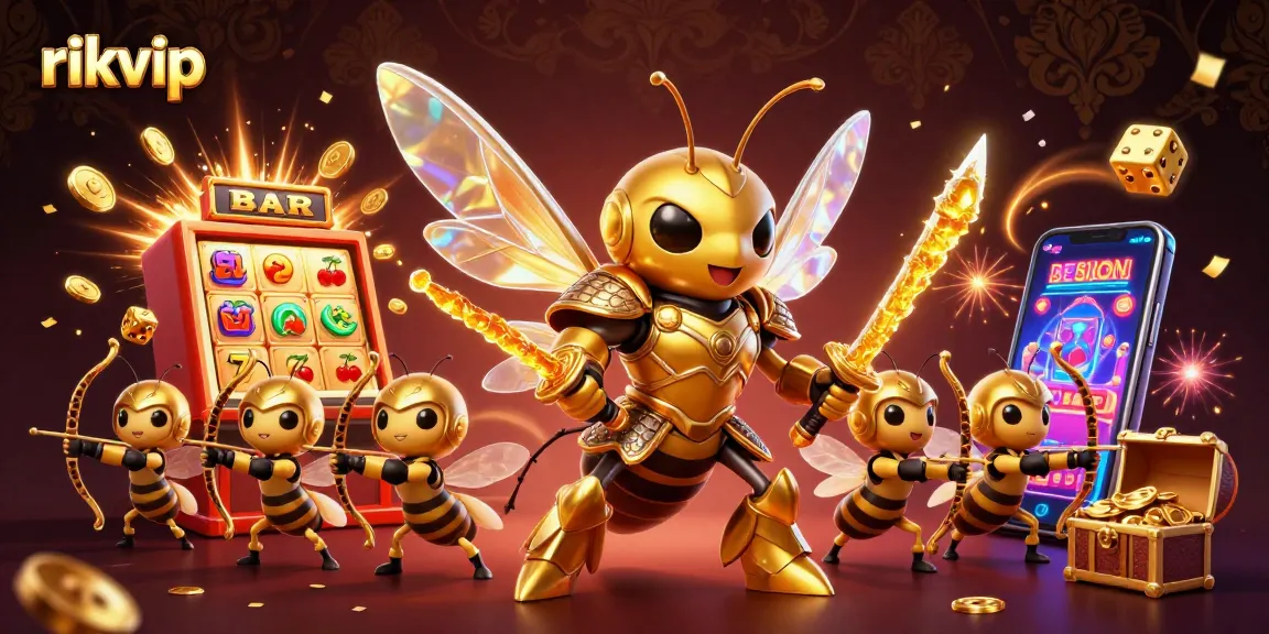 Engage with the vibrant gaming world of rikvip where a golden hornet samurai and bee archers celebrate casino jackpots.