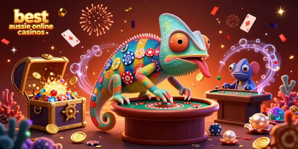 Experience the best aussie online casinos in a vibrant 3D digital scene with a chameleon casino owner.