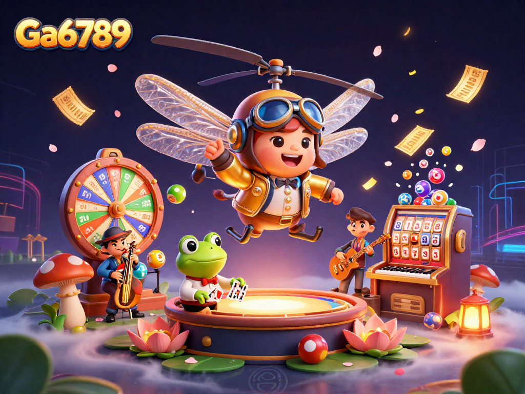 Ga6789 showcases a vibrant lily pad casino scene featuring a dragonfly pilot and frog croupier.