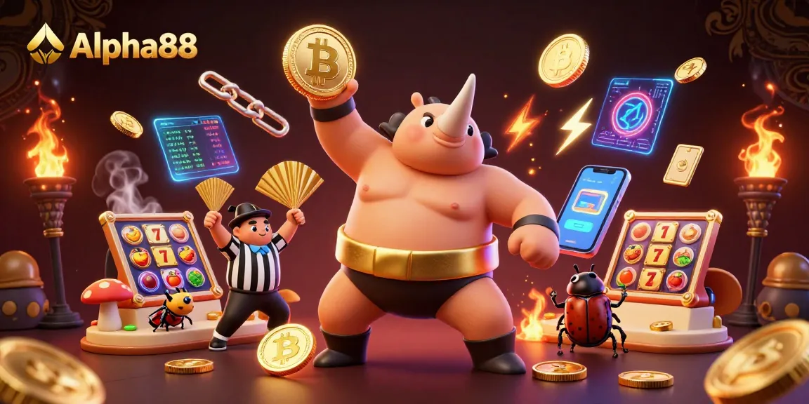 Experience thrilling gameplay at Alpha88 with a dynamic 3D scene featuring energetic characters and casino elements.