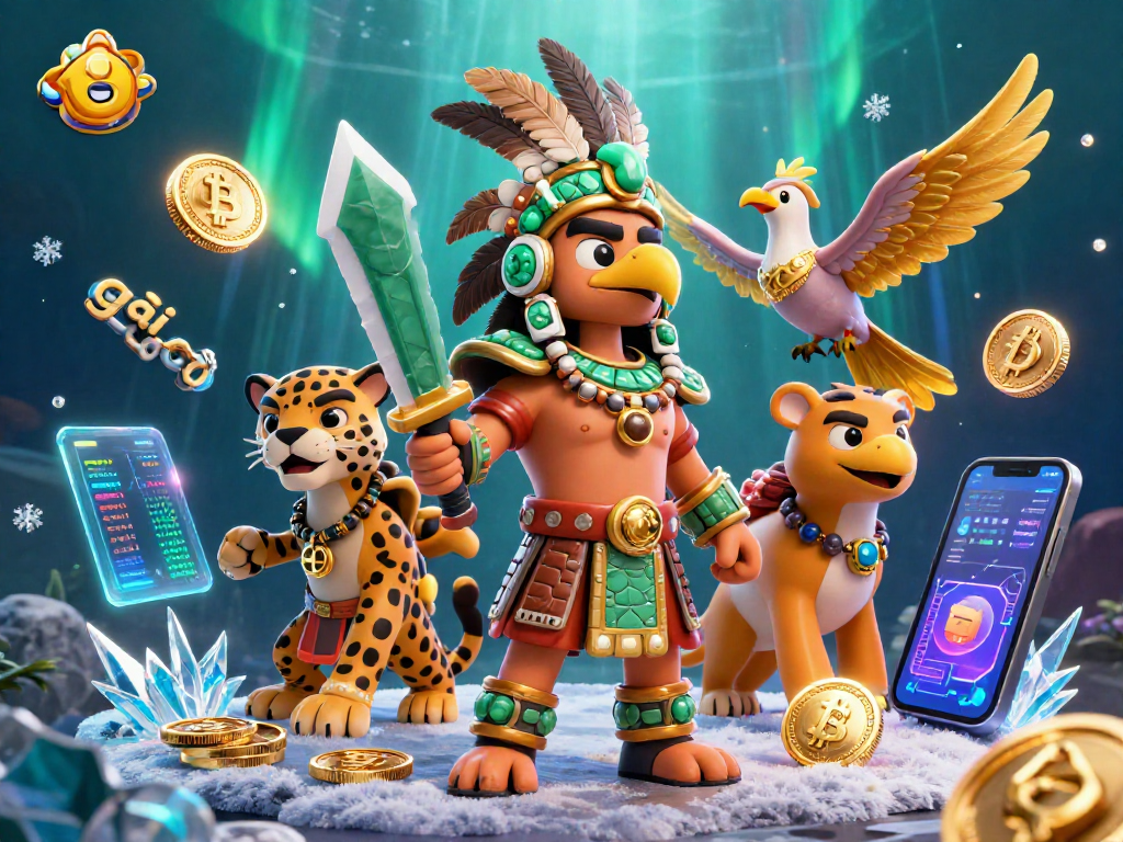 Gái gọi cùng lính Aztec trong khung cảnh casino sống động với tiền điện tử.