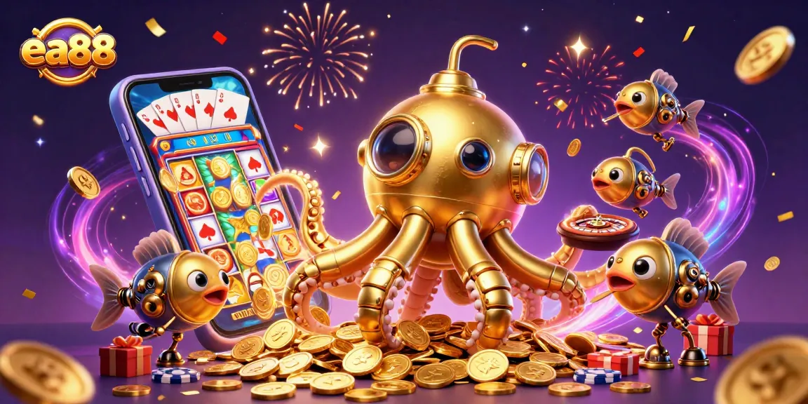 Experience thrilling slots at ea88 with a dynamic scene featuring a golden kraken and mechanical fish.