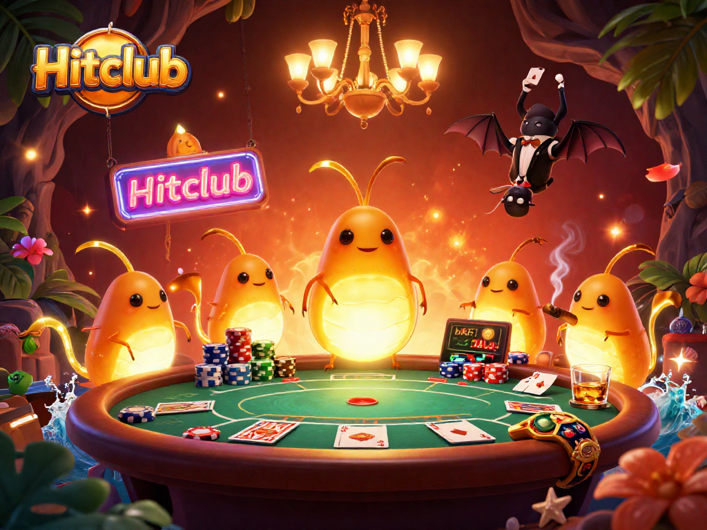 Hitclub casino features glowworms and a bat dealer in a vibrant, illuminated setting.