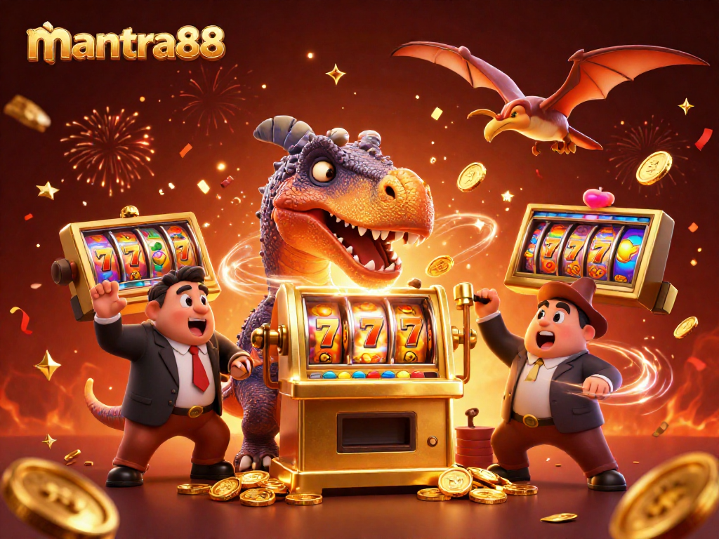 Experience thrilling wins at mantra88 with a dinosaur-themed dynamic casino scene showcasing exciting gameplay.