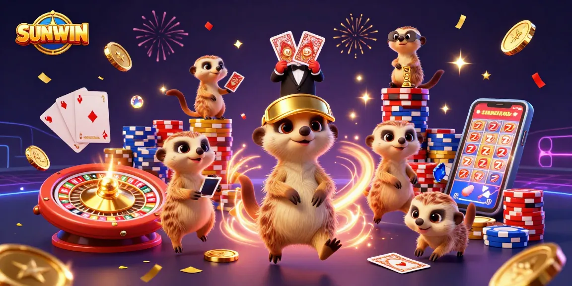 SUNWIN meerkats orchestrating a vibrant casino, celebrating with cascading coins, cards, and a roulette wheel.