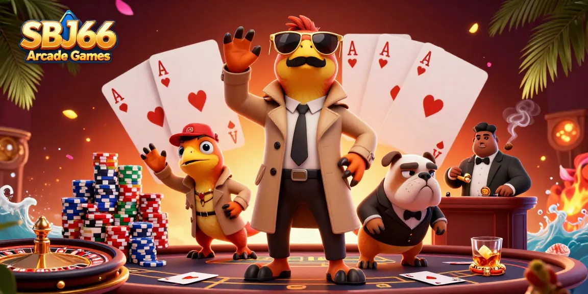 Experience thrilling SBJ66 Arcade Games with raptors attempting VIP entry in a casino scene.