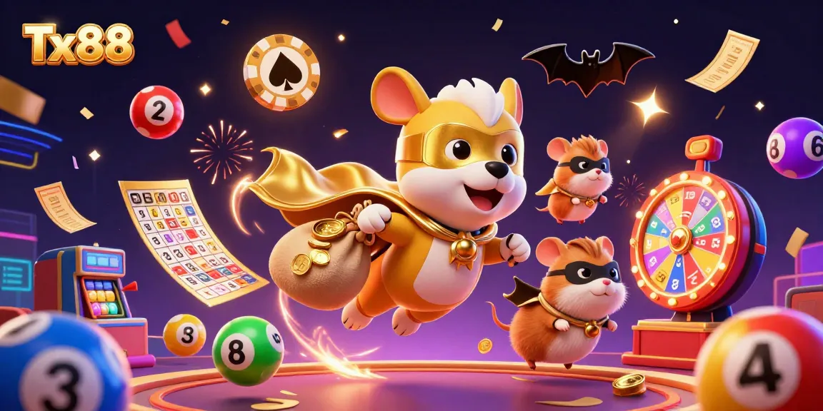 Tx88 casino illustration featuring a superhero dog flying with gold coins amidst colorful game elements.