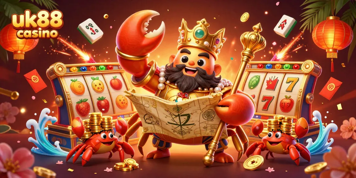 Experience the thrill of uk88 casino with a dynamic scene featuring a golden crab emperor, slot reels, and festive elements.