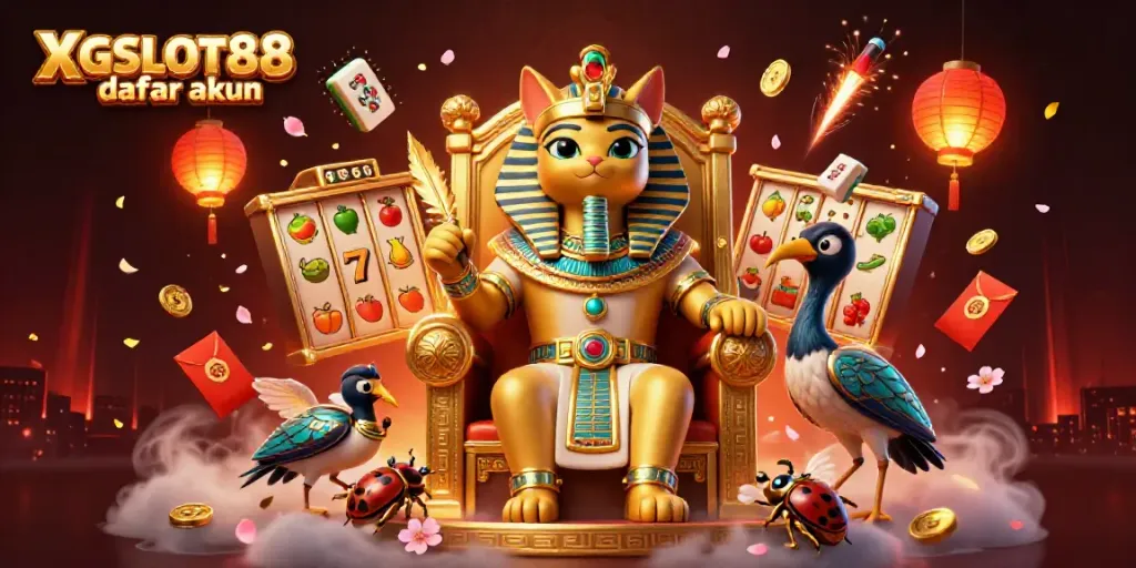 Gambar ilustrasi 3D menampilkan karakter kucing firaun dan elemen permainan untuk XGSLOT88 daftar akun.