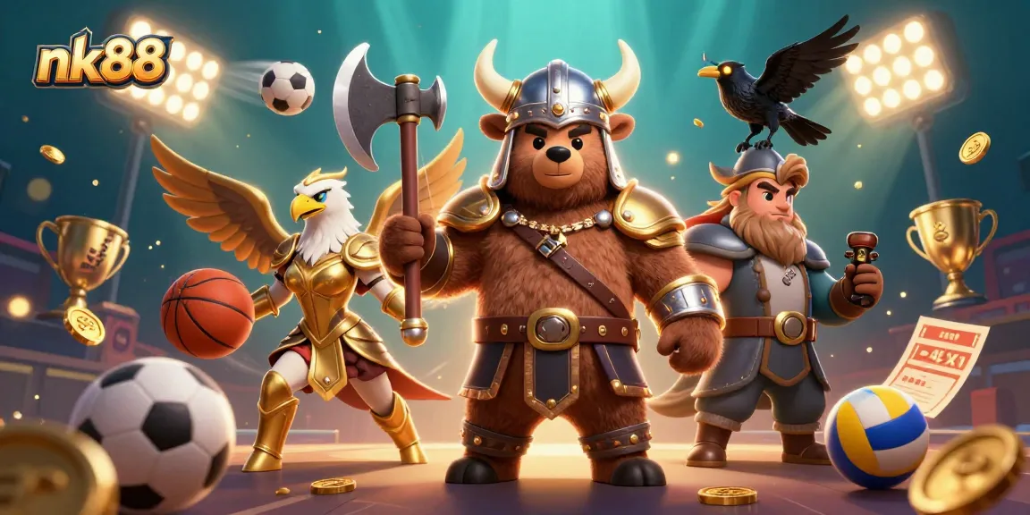 Engage in thrilling actions at nk88 with an energetic Viking and Valkyrie in a vibrant casino environment.